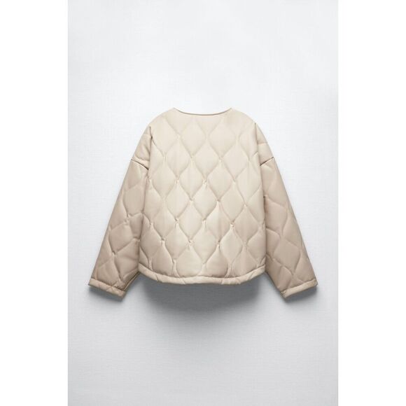 Cream Zara Quilted Pattern Faux Leather Puffer Jacket (NWT) - Picture 10 of 11